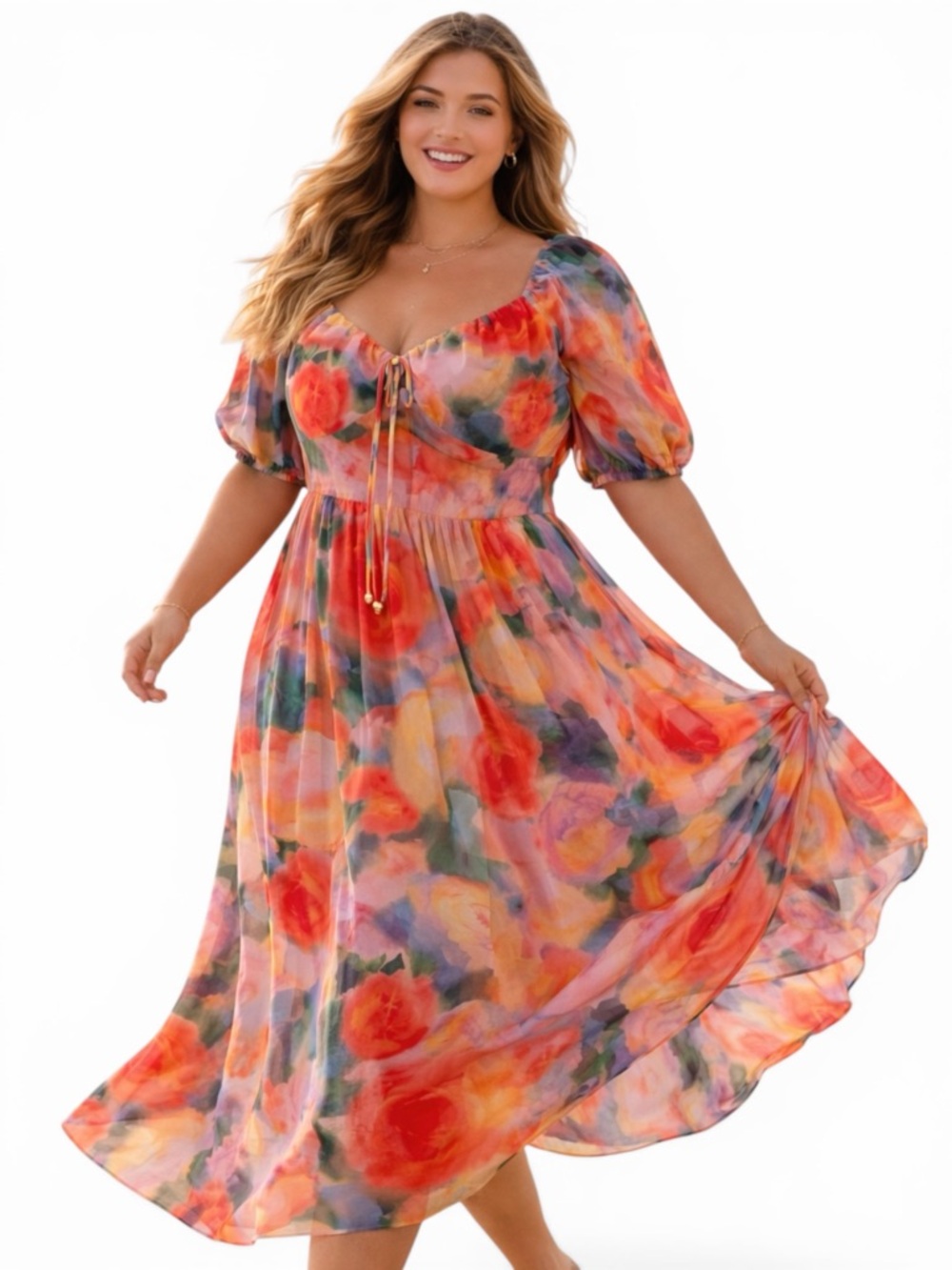 NWT Vince Camuto Plus Floral Chiffon A-Line Midi Dress Puff Sleeve w/Pockets 22W
